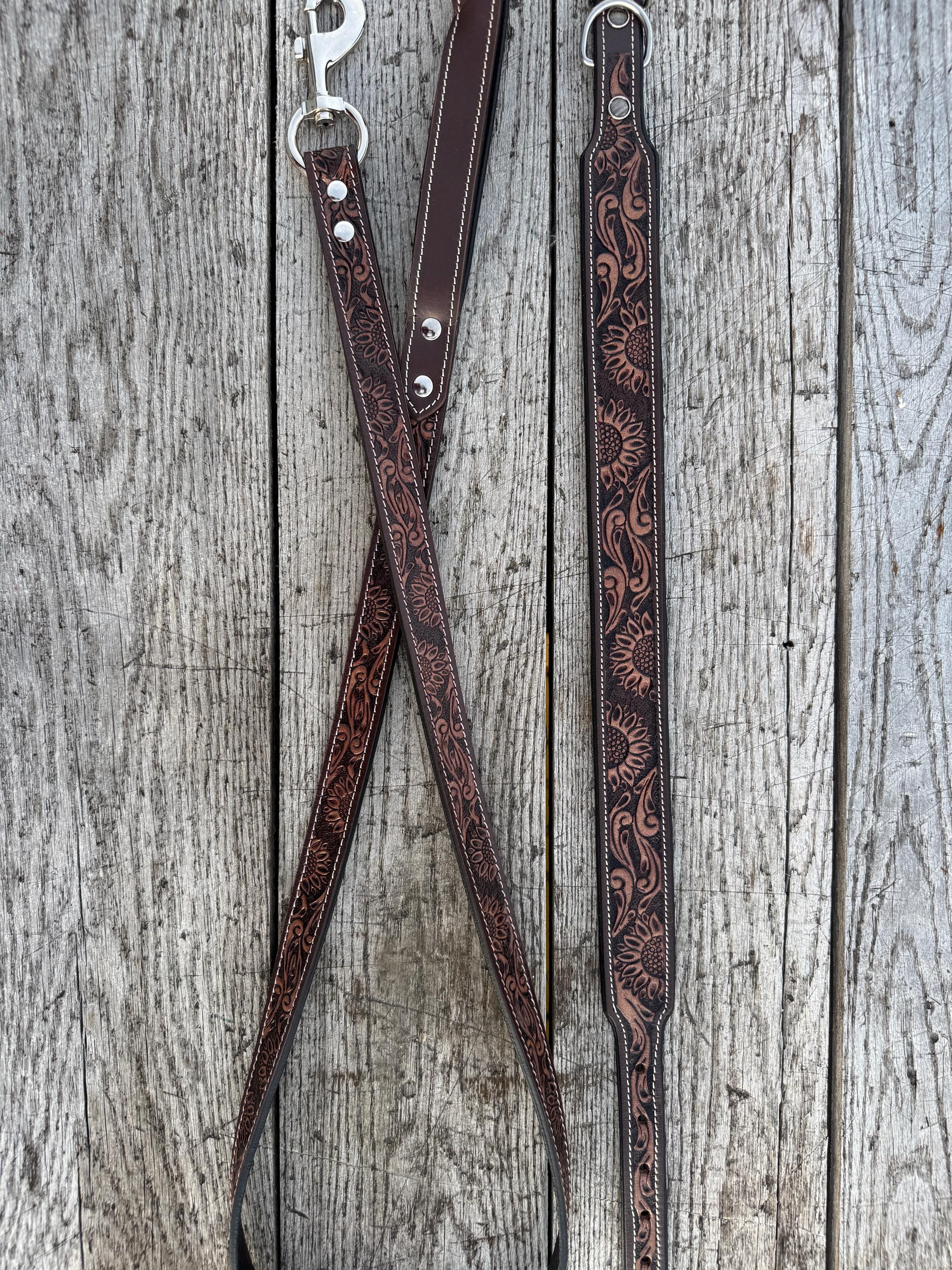 Western Genuine Leather dog collar or leash tooled details of sunflower daisy cactus floral turquoise feather by Double B Wild Rags