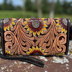 Genuine Western Cowhide Leather Purse or Clutch with Dark Sunflower painted details a Double B Wild Rags Exclusive