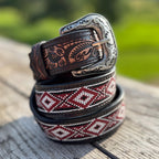 Genuine Leather Western Belt with tooled and Seed Bead details a Double B Wild Rags