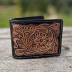 Men’s Western bi-fold wallet tooled floral and basketweave details by Double B Wild Rags