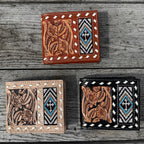 Men’s Western bi-fold wallet tooled, seed bead, and buckstitch details by Double B Wild Rags