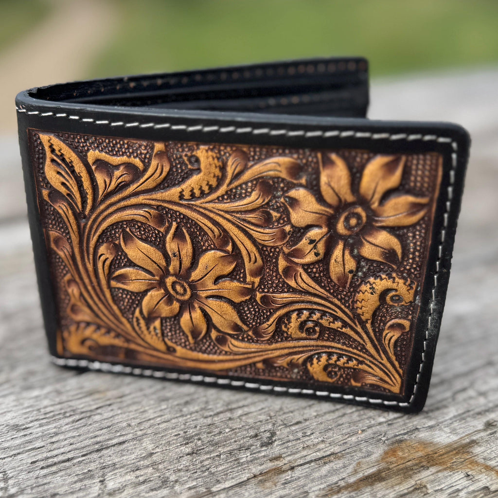 Men’s Western bi-fold wallet with floral designs by Double B Wild Rags