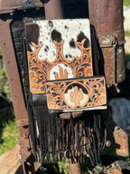 Genuine Western Cowhide Leather Purse and Wallet set with fringe and Cactus Tooling