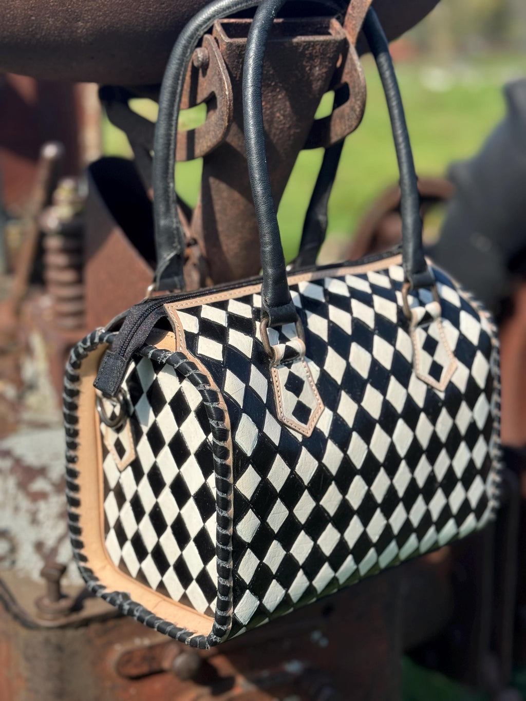 Black and White Speedy Checkered Genuine Western Cowhide Leather Purse