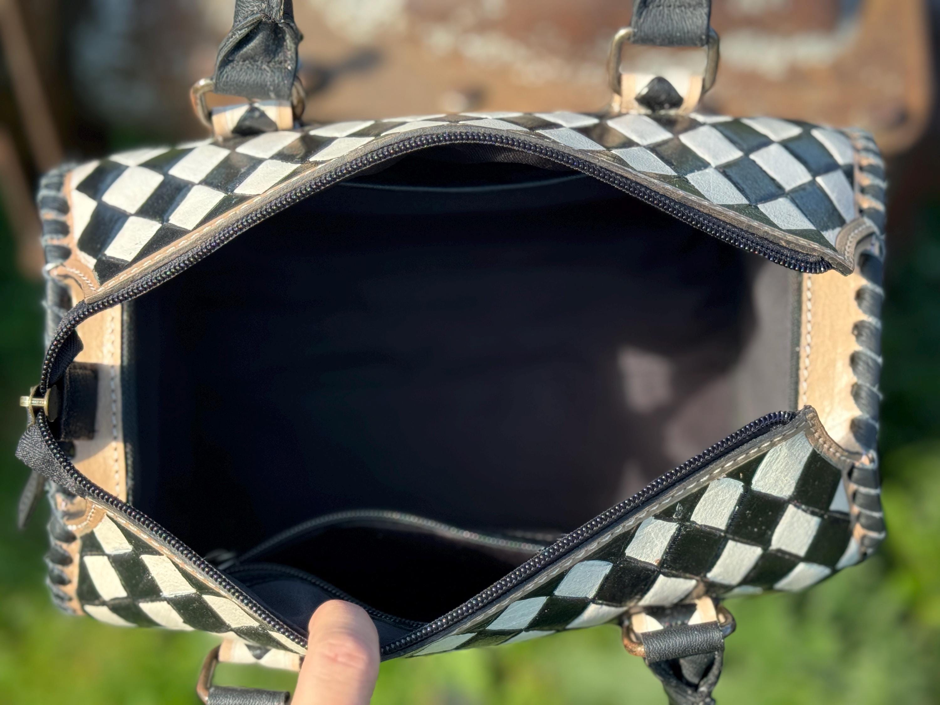 Black and White Speedy Checkered Genuine Western Cowhide Leather Purse