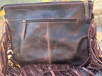 Western Leather Purse of Brown Spotted Cowhide with tooling and fringe