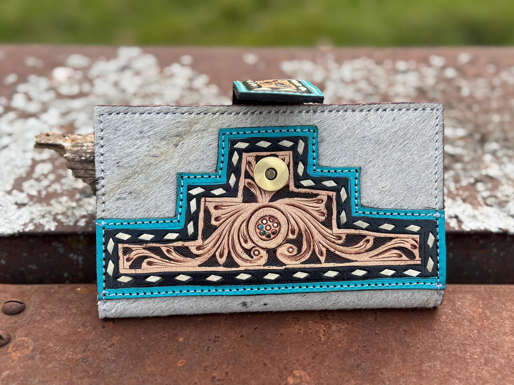 Black and Turquoise Genuine Western Cowhide Leather Purse with fringe by Double B Wild Rags