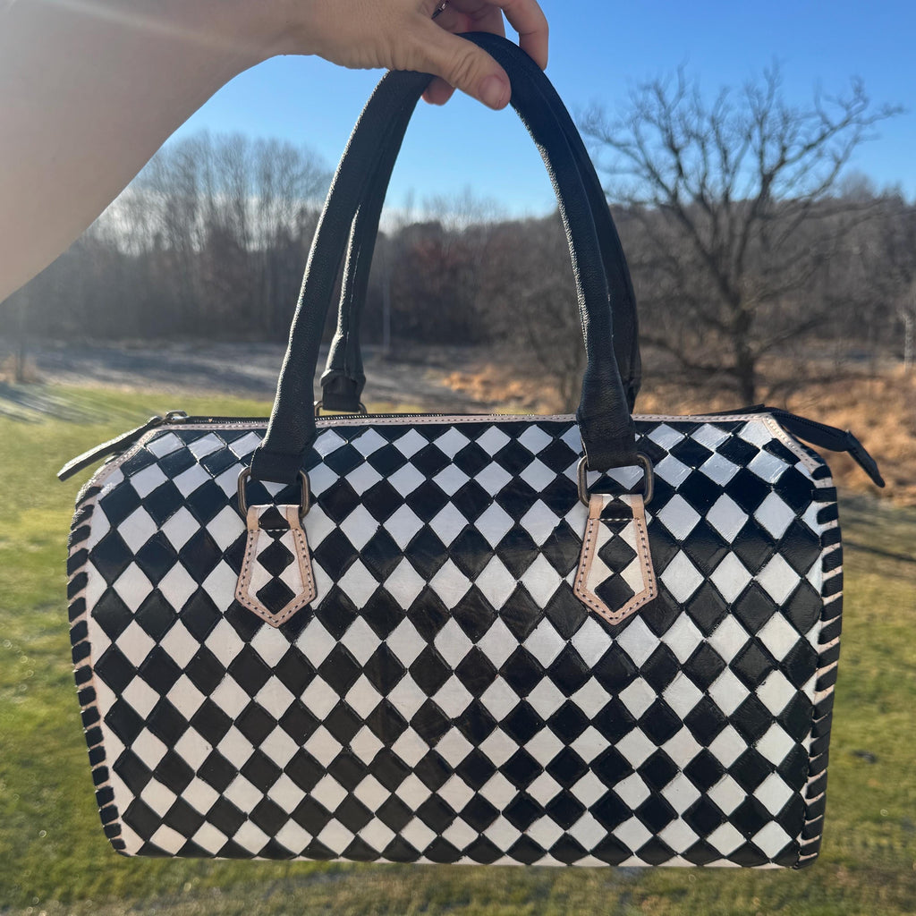 Black and White Speedy Checkered Genuine Western Cowhide Leather Purse