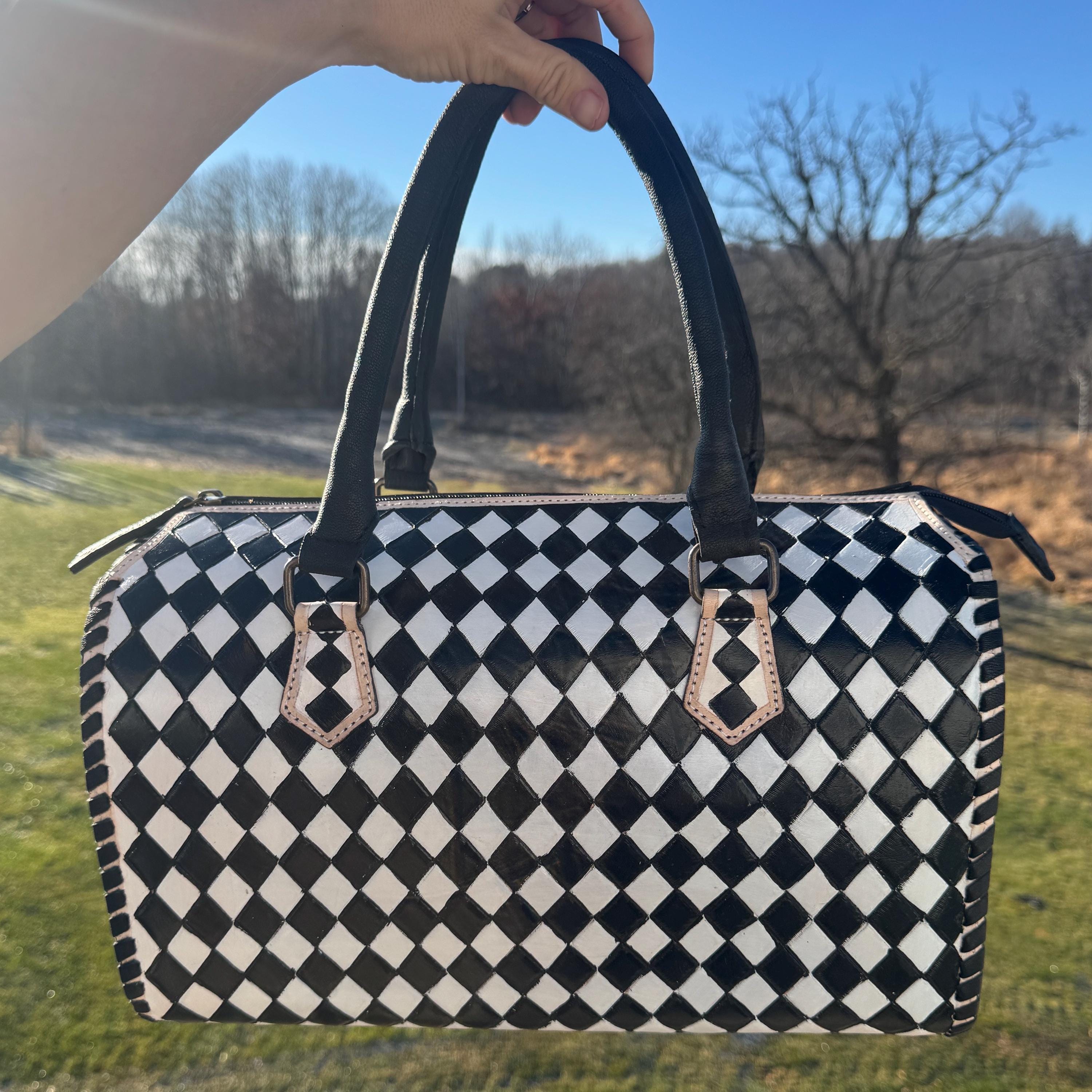 Black and White Speedy Checkered Genuine Western Cowhide Leather Purse