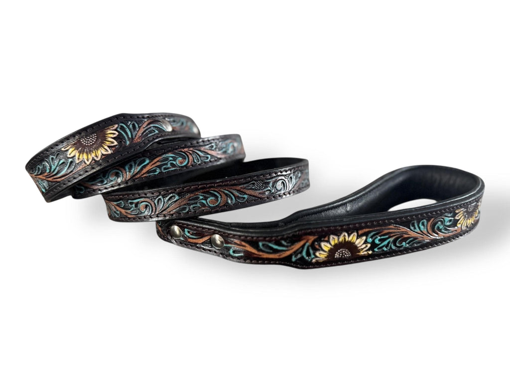 Western Genuine Leather dog collar tooled details aces cards sunflower feather rhinestone cactus floral by Double B Wild Rags