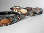 Western leather dog collar 3D inlay with Turquoise Floral details by Double B Wild Rags