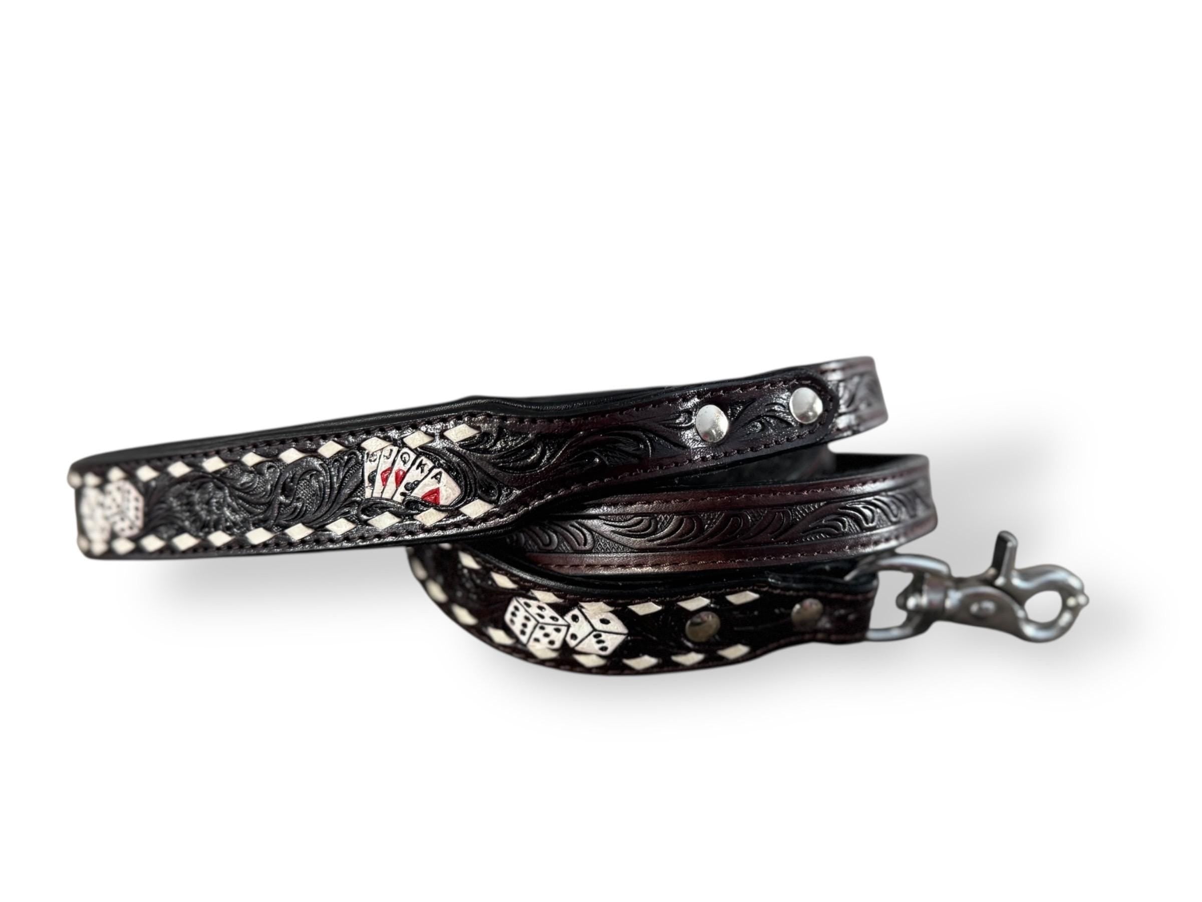 Western Genuine Leather dog collar tooled details aces cards sunflower feather rhinestone cactus floral by Double B Wild Rags