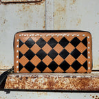 Caramel Espresso Checkered Speedy Western Genuine Leather Purse with optional wallet