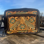 Black and Turquoise Saddle Ridge Tooled Leather Western Crossbody Bag by Double B Wild Rags