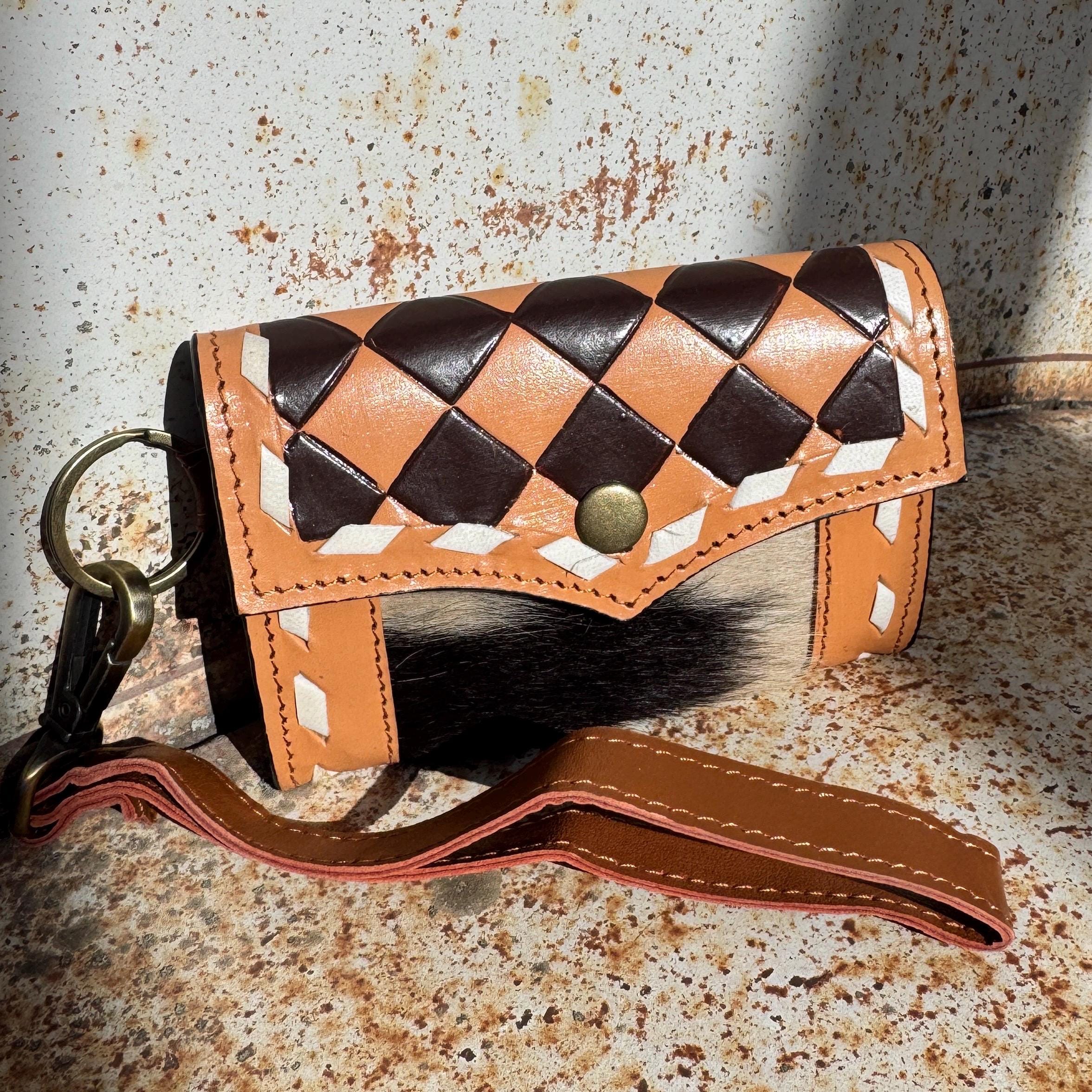 Caramel Espresso Checkered Speedy Western Genuine Leather Purse with optional wallet