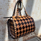 Caramel Espresso Checkered Speedy Western Genuine Leather Purse with optional wallet