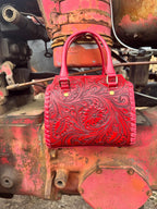 Deep Cherry Red Speedy Western Genuine Leather Barrel Bag Purse or Briefcase