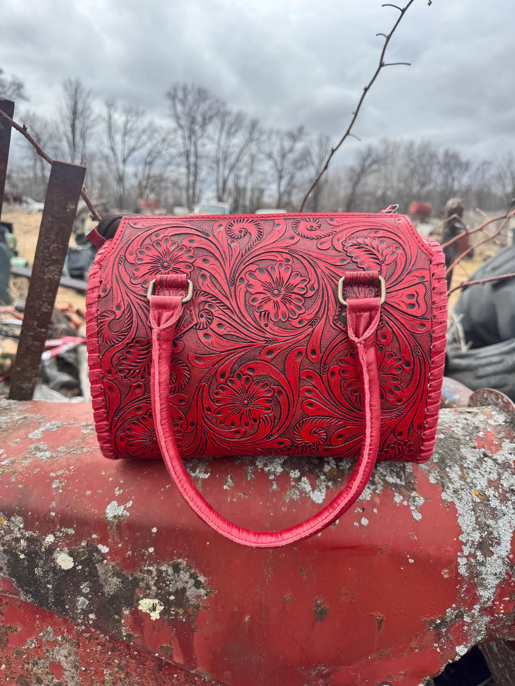 Deep Cherry Red Speedy Western Genuine Leather Barrel Bag Purse or Briefcase
