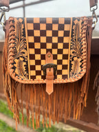 Boho Fringe Checkered Leather Western Purse by Double B