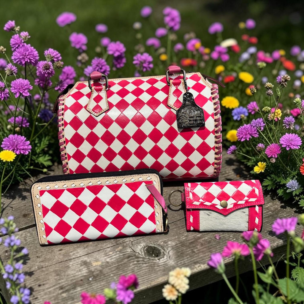 Hot Pink Checkered Speedy Western Genuine Leather Purse and wallet set
