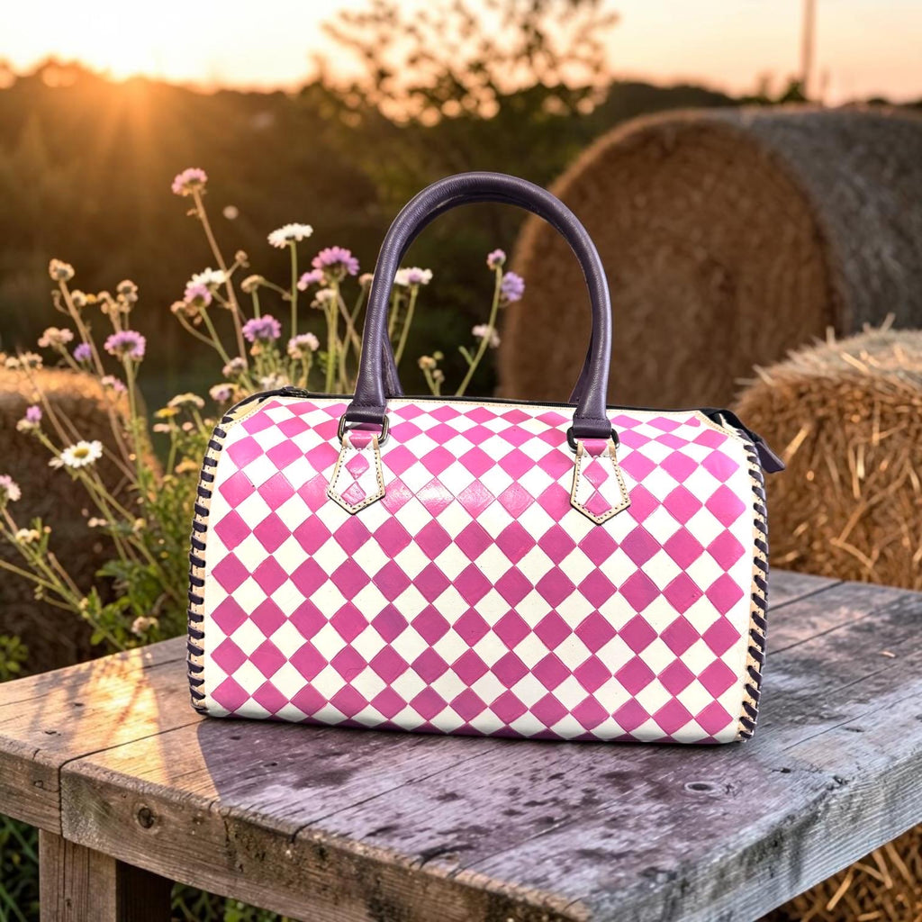 Country Lilac Checkered Speedy Western Genuine Leather Purse