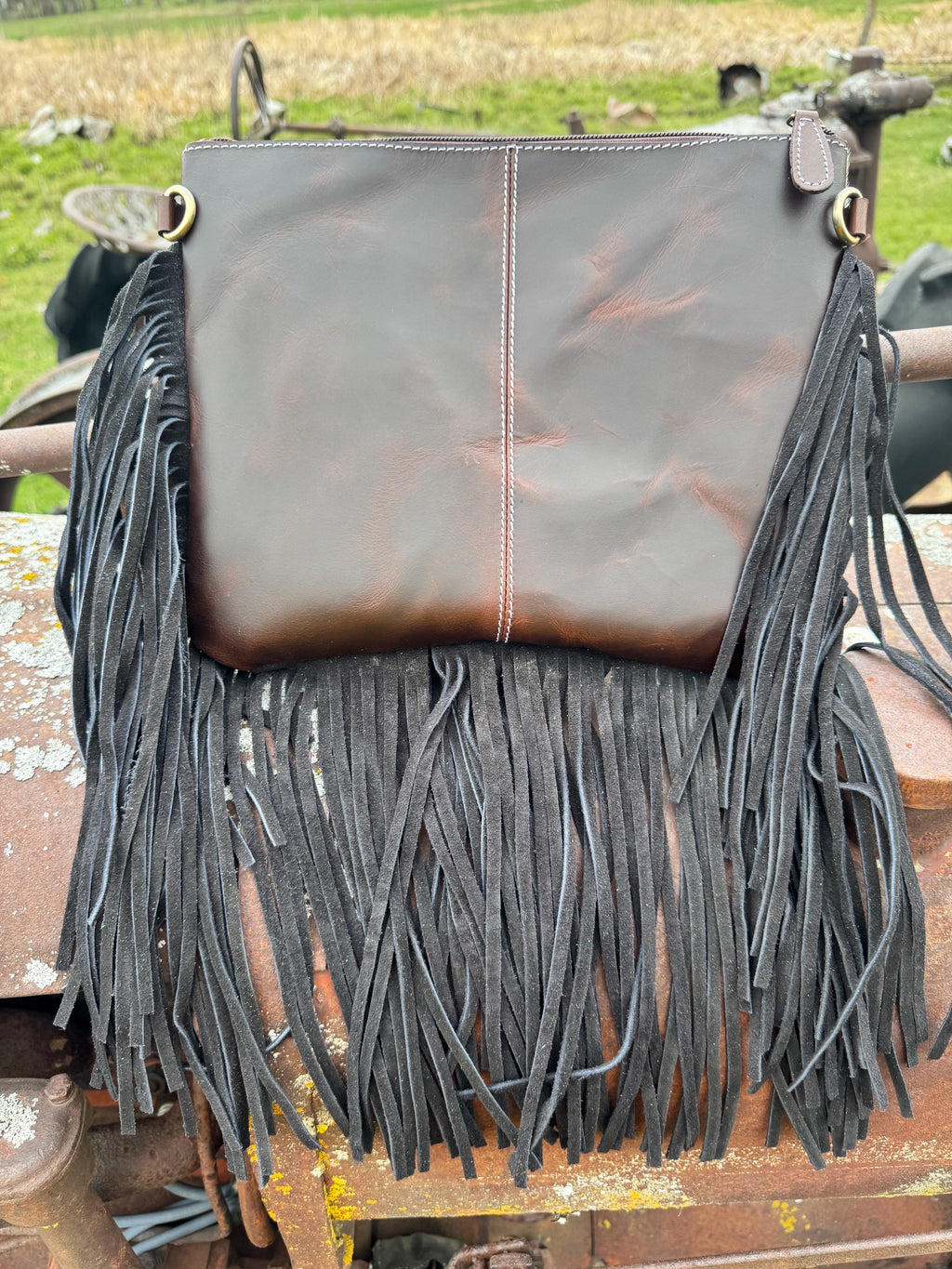 Genuine Western Spotted Cowhide Leather Purse and Wallet with Ace Cards painted details and black fringe