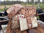 Genuine Western Spotted Cowhide Leather Purse and Wallet with Ace Cards painted details and tan fringe