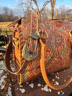 Turquoise and Tan Speedy Western Genuine Leather Barrel Bag Purse by Double B