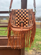 Boho Fringe Checkered Leather Western Purse by Double B