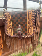 Boho Fringe Checkered Leather Western Purse by Double B