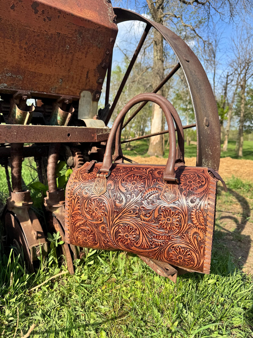 Chestnut Brown Speedy Western Genuine Leather Barrel Bag Purse by Double B
