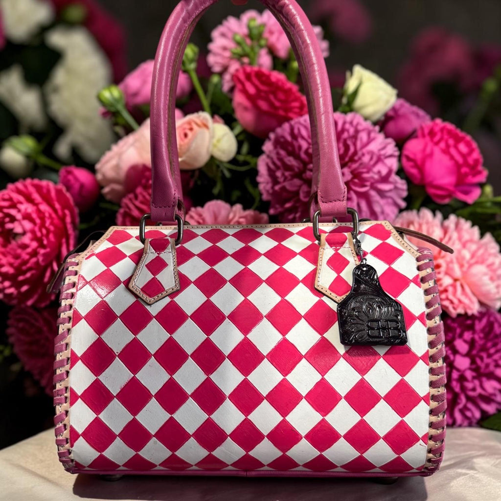 Hot Pink Checkered Speedy Western Genuine Leather Purse and wallet set