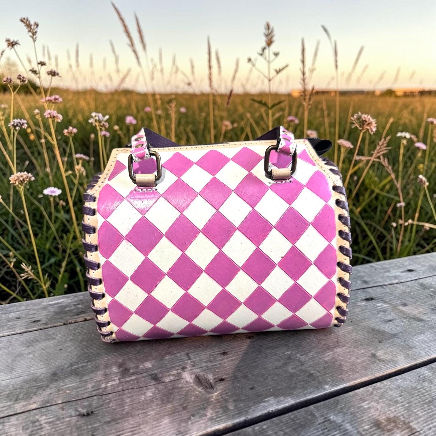 Country Lilac Checkered Speedy Western Genuine Leather Purse