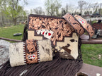 Genuine Western Spotted Cowhide Leather Purse and Wallet with Ace Cards painted details and brown fringe