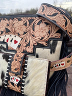 Genuine Western Spotted Cowhide Leather Purse and Wallet with Ace Cards painted details and black fringe