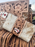Genuine Western Spotted Cowhide Leather Purse and Wallet with Ace Cards painted details and tan fringe