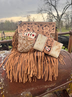 Genuine Western Spotted Cowhide Leather Purse and Wallet with Ace Cards painted details and tan fringe