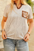 "Ivory Brown Boot Stitch Rodeo" Western Printed Stretch Top — Allover Boot Stitch with Contrast Pocket & V-Neck