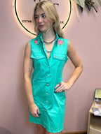 LUCKY & BLESSED "Jade" Pearl Snap Floral Embroidered Sleeveless Stretch Western Tunic Dress