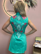 LUCKY & BLESSED "Jade" Pearl Snap Floral Embroidered Sleeveless Stretch Western Tunic Dress