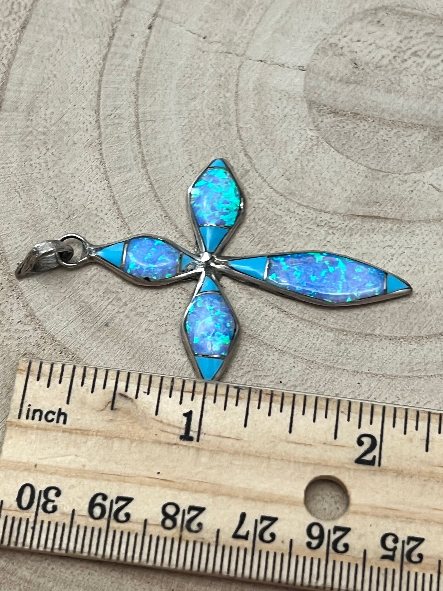 James Kee Navajo Turquoise & Opalite Inlay Cross Pendant — Sterling Silver, Signed JK