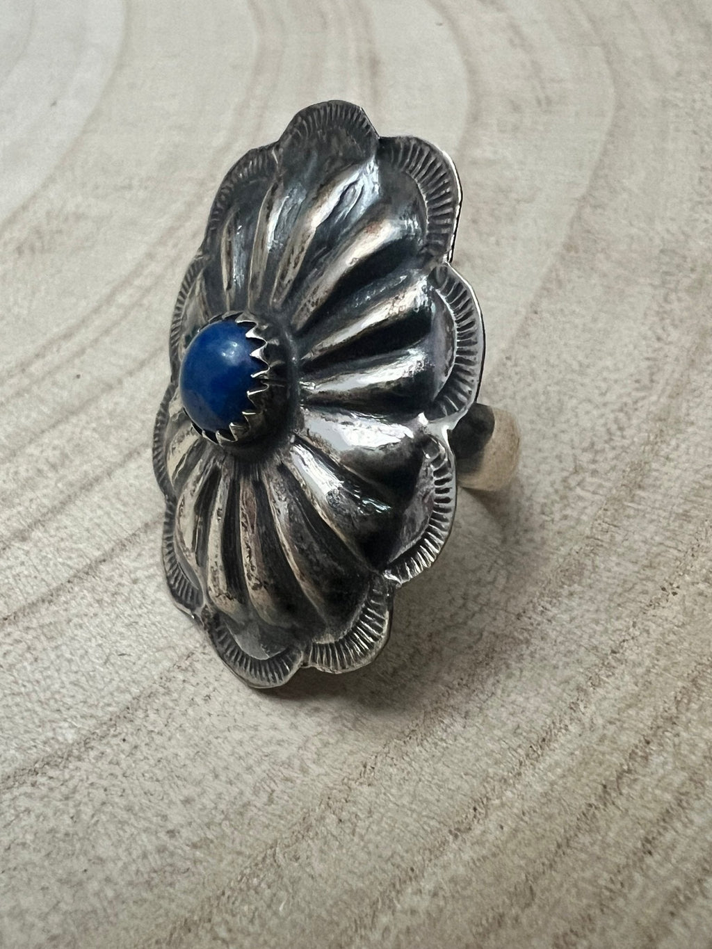 Joanee Silver Navajo Lapis Concho Adjustable Ring — Sterling Silver