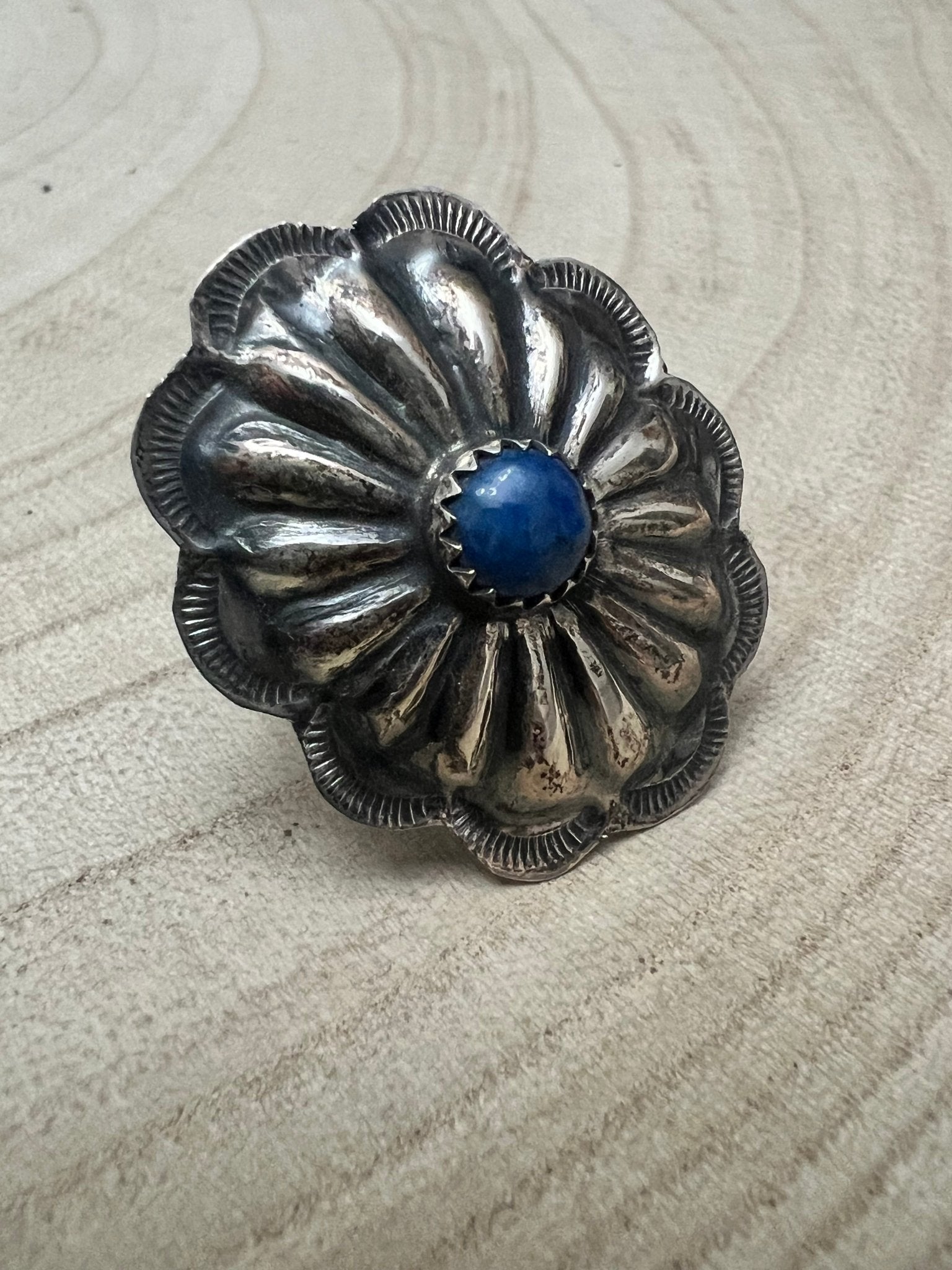Joanee Silver Navajo Lapis Concho Adjustable Ring — Sterling Silver