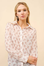 Blue B "Let'r Buck" Western Chiffon Button-Down Blouse — Soft Feminine Rodeo Print