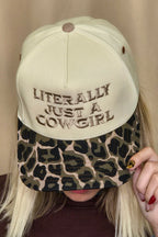 "Literally Just a Cowgirl" Leopard Brim Trucker Hat — Cream Front with Bold Embroidery (Multiple Thread Colors)