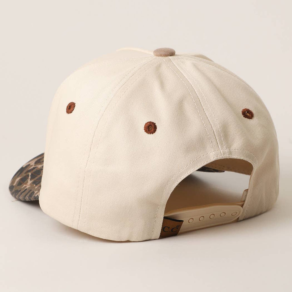 "Literally Just a Cowgirl" Leopard Brim Trucker Hat — Cream Front with Bold Embroidery (Multiple Thread Colors)