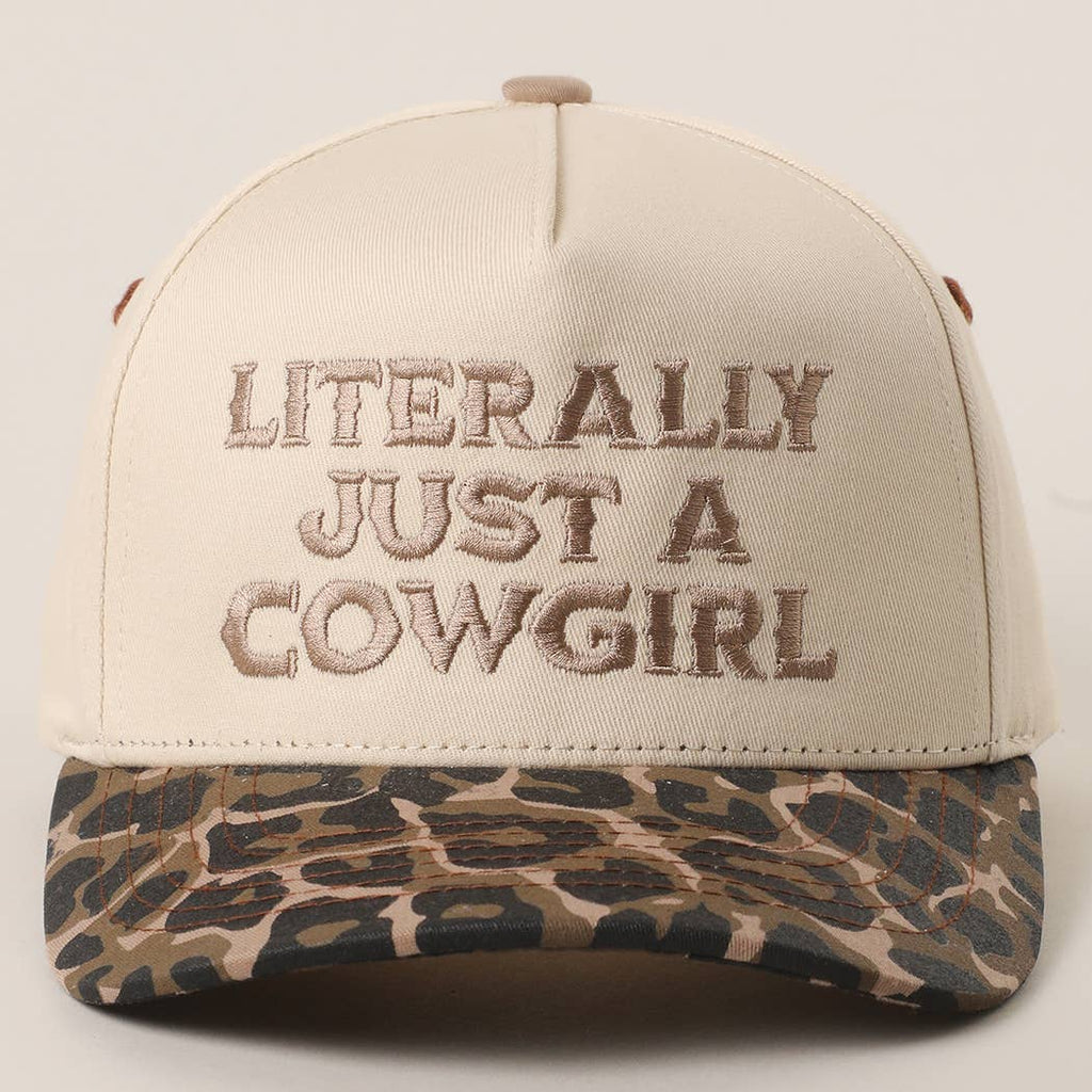 "Literally Just a Cowgirl" Leopard Brim Trucker Hat — Cream Front with Bold Embroidery (Multiple Thread Colors)
