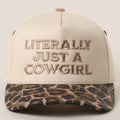 "Literally Just a Cowgirl" Leopard Brim Trucker Hat — Cream Front with Bold Embroidery (Multiple Thread Colors)