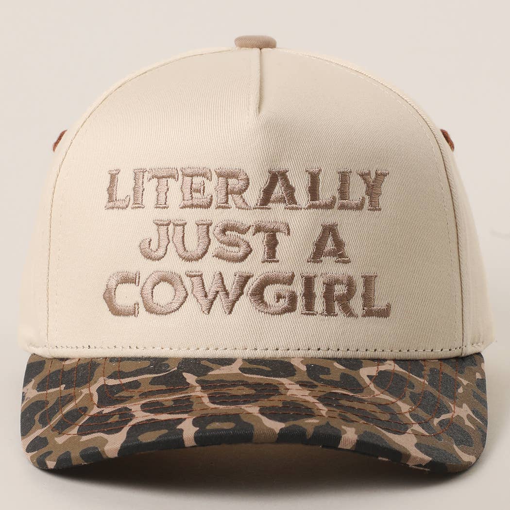 "Literally Just a Cowgirl" Leopard Brim Trucker Hat — Cream Front with Bold Embroidery (Multiple Thread Colors)