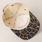 "Literally Just a Cowgirl" Leopard Brim Trucker Hat — Cream Front with Bold Embroidery (Multiple Thread Colors)